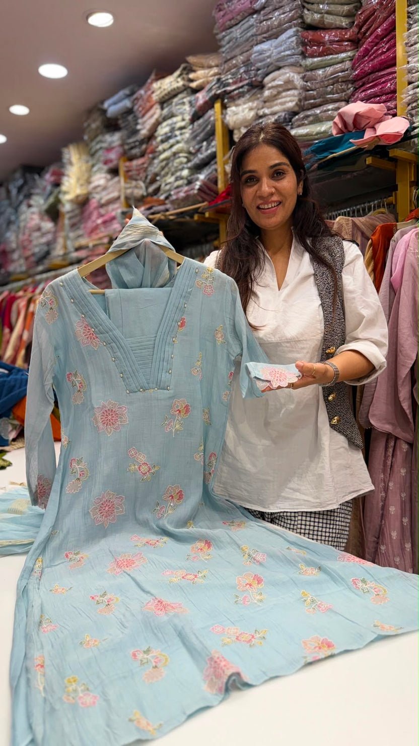Petal Mist Embroidered Mul Chanderi Suit Set